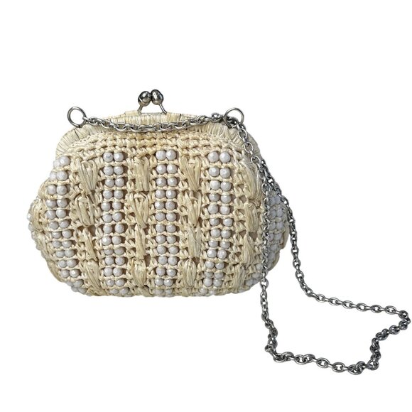 Vintage Italian Beaded Raffia Clutch Bag Cream Straw Purse - Picture 1 of 7